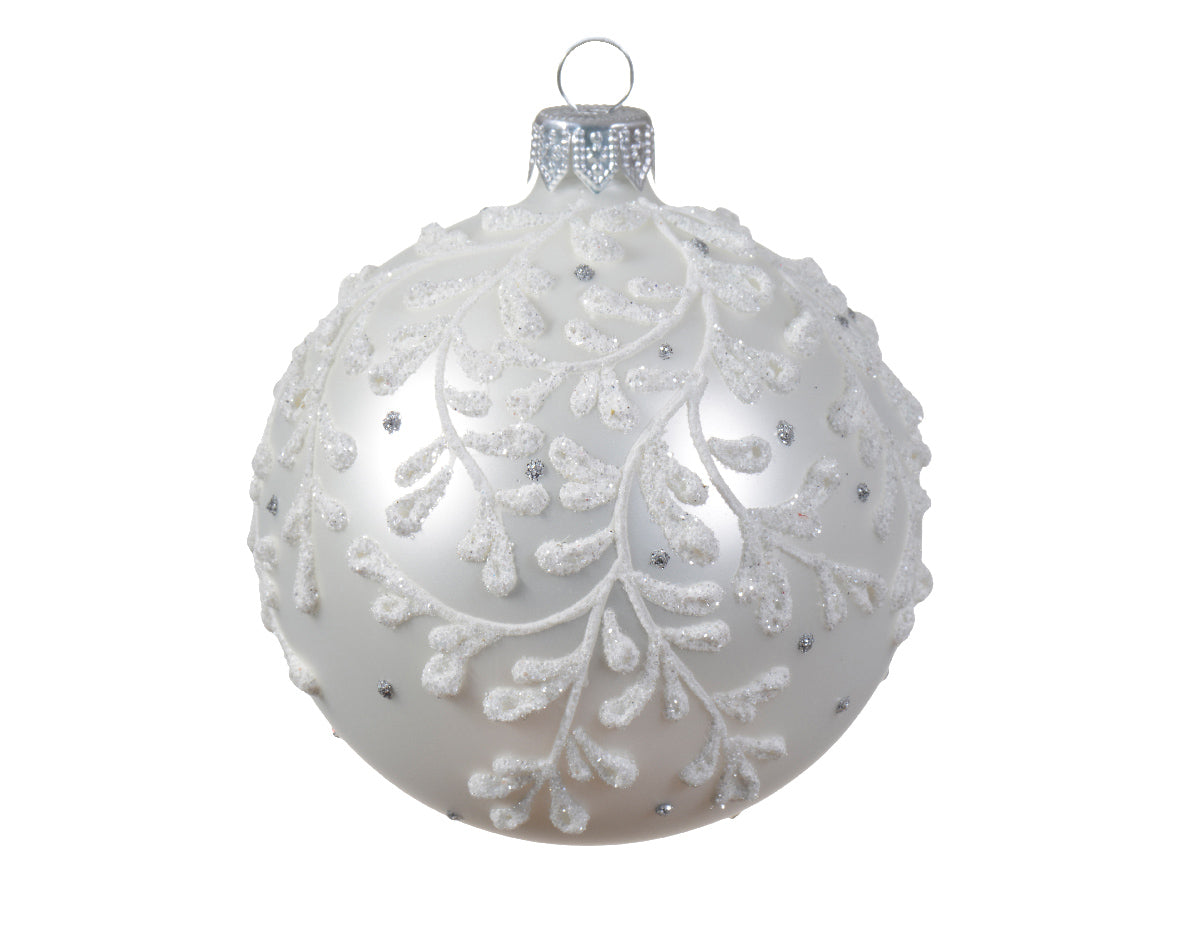 Winter White Glass Matt Bauble with Branch Detailing - 8cm