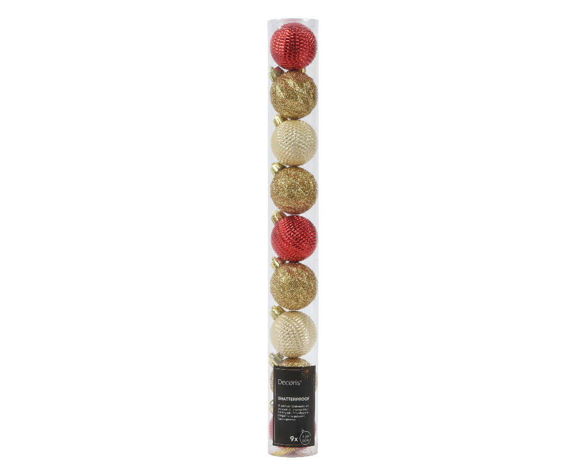 Set of 9 Assorted Red/Gold/Pearl Shiny and Glitter Textured Baubles