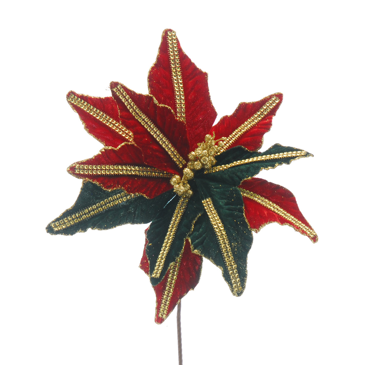 Traditional Red & Green Poinsettia with Gold Sequin Stem - 67cm