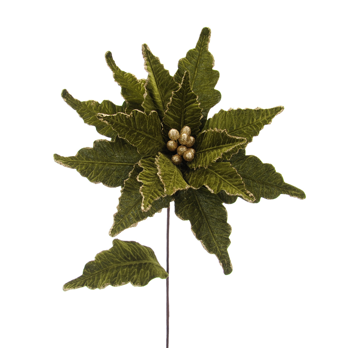 Dark Green With Gold Glitter Poinsettia Stem - 68cm