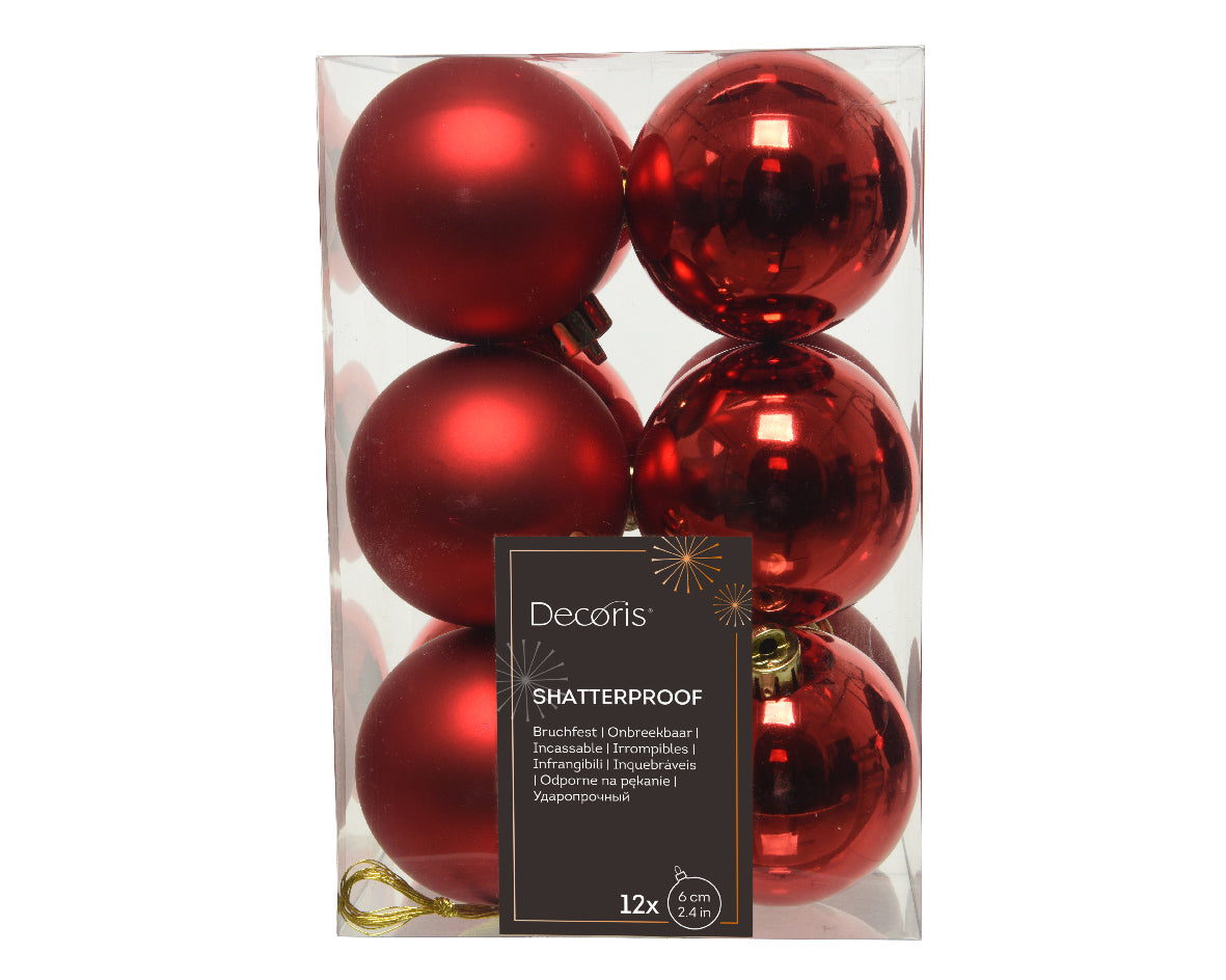 Christmas Red Shatterproof Shiny and Matt Baubles - Box of 12