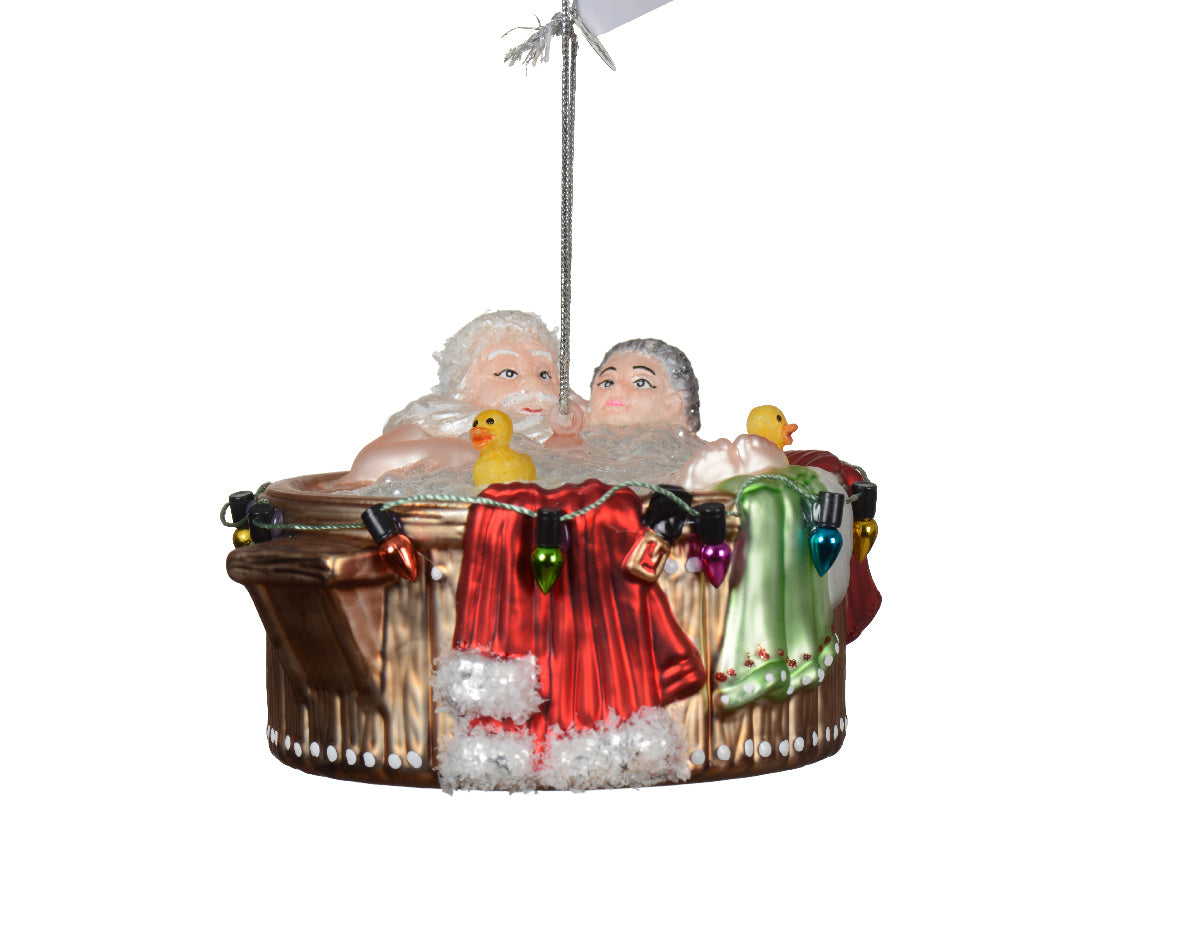 Glass Mr & Mrs Clause in a Hot Tub Christmas Tree Bauble