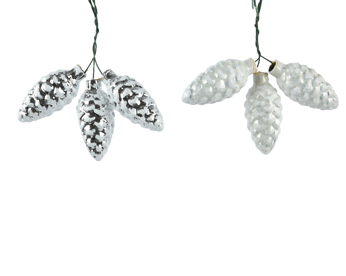 Glitter Pinecone on Wire Frosted Silver or White - Set of 3