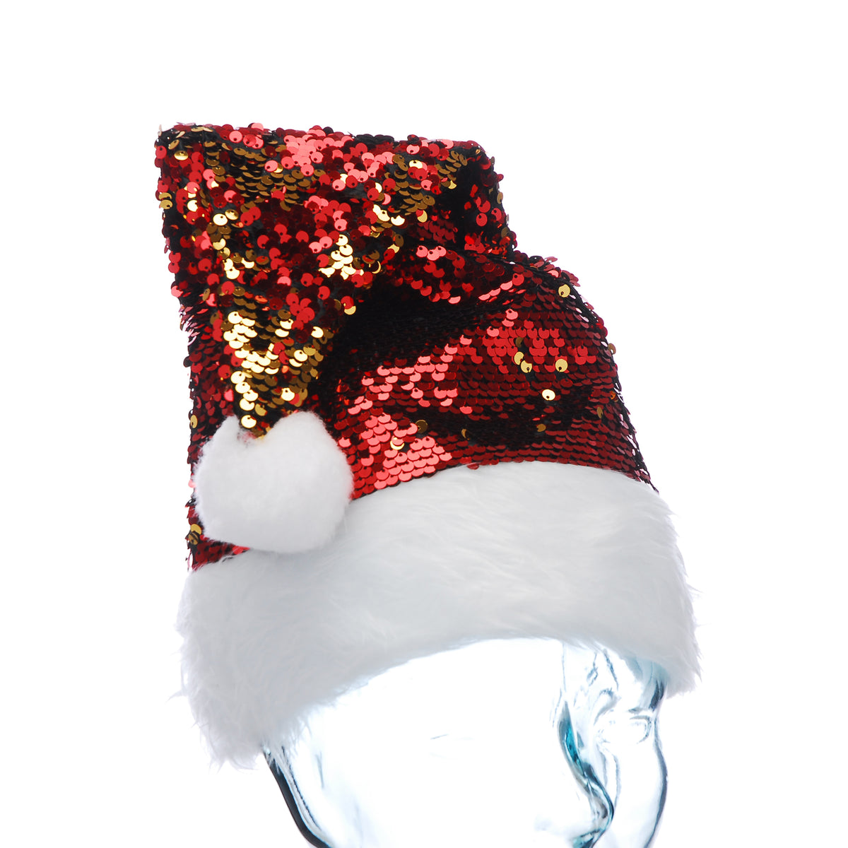 Red Sequin Christmas Santa Hat with White Cuff and Pom Pom
