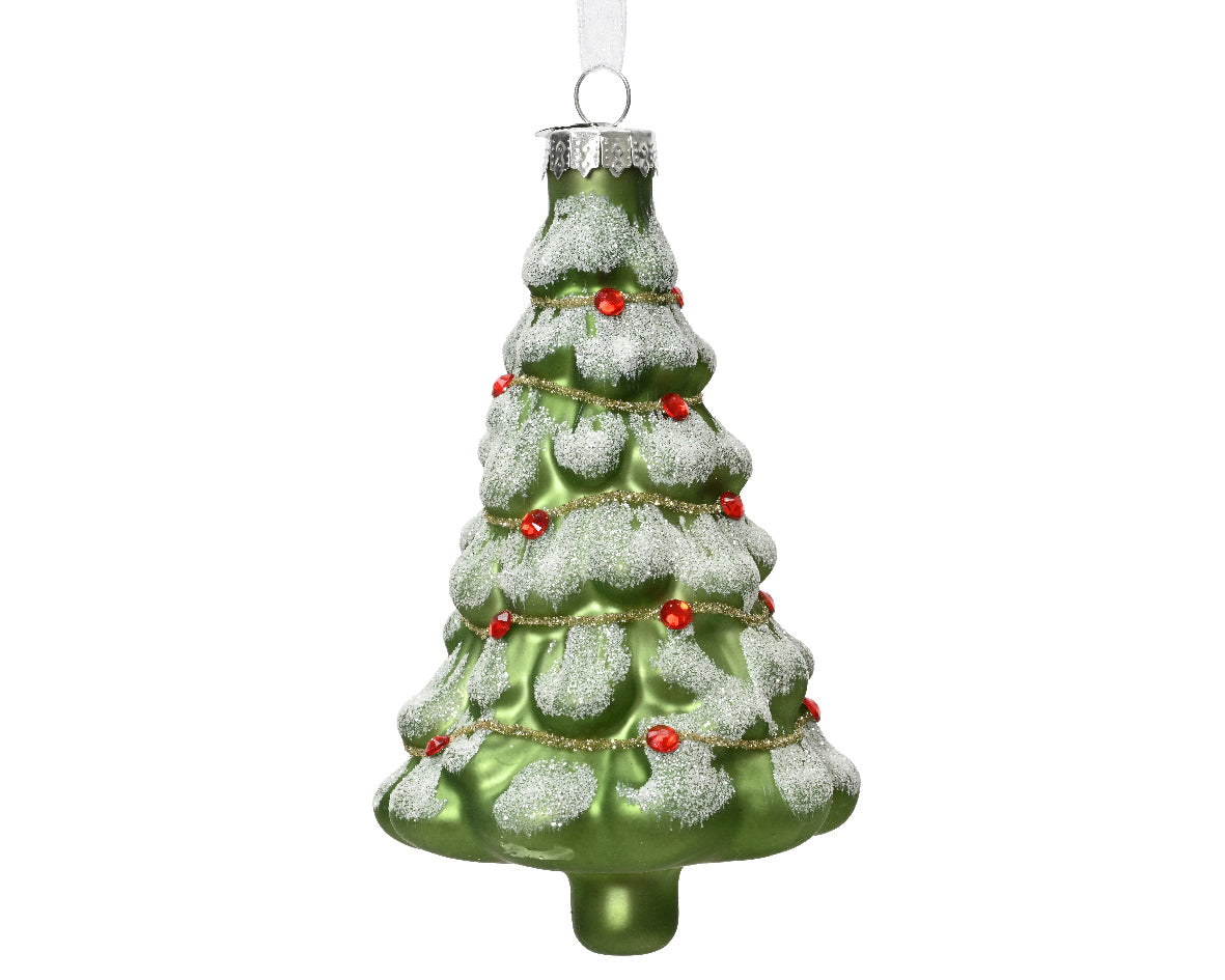 Glass Green Christmas Tree Bauble with Snow Finish, Glitter and Red Gems