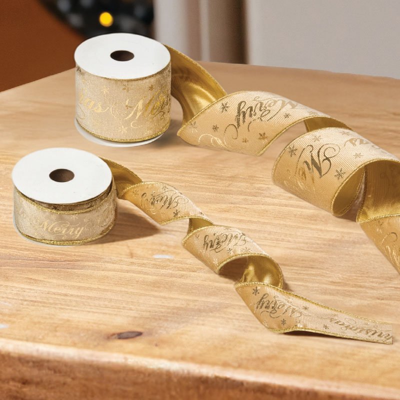 Gold Merry Christmas Velvet Premium Ribbon 3m - 63mm