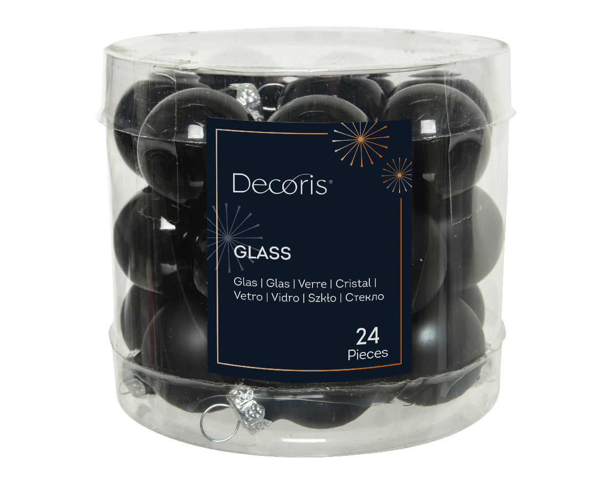 Set of 24 Mini Matt and Shiny Black Glass Baubles - 2.5cm