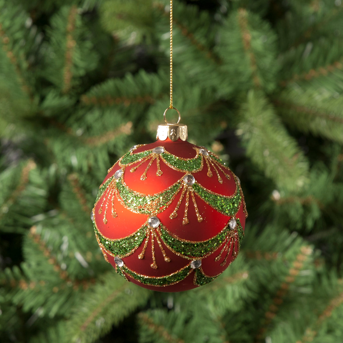 Red & Green Glass Swag Christmas Bauble - 8cm