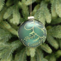 Festive Emerald Green Bauble with Glitter Leave Design - 8cm