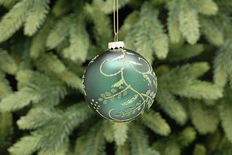 Festive Emerald Green Bauble with Glitter Leave Design - 8cm