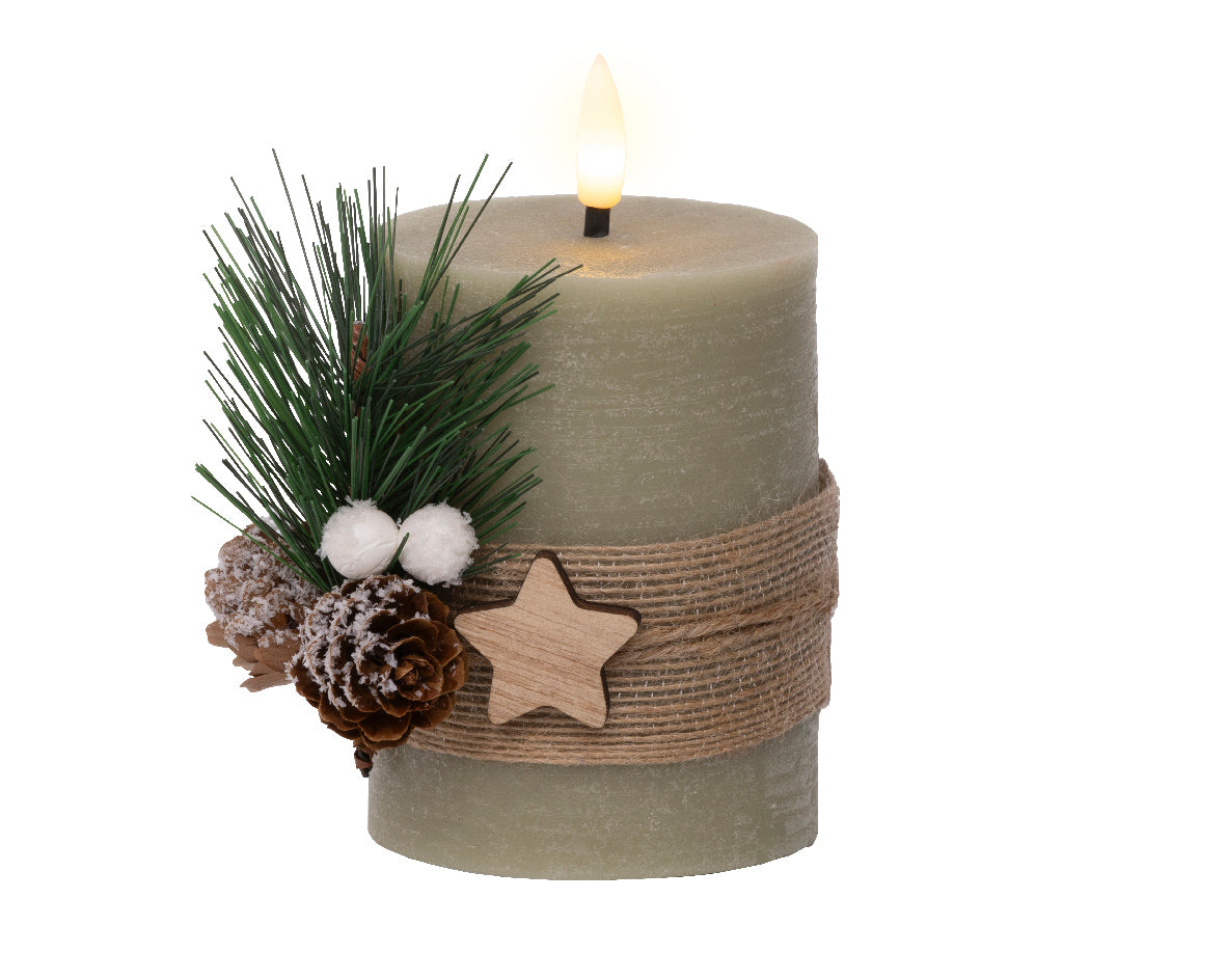 Light Up Green Wax Candle with Pinecones & Jute Ribbon - 13cm