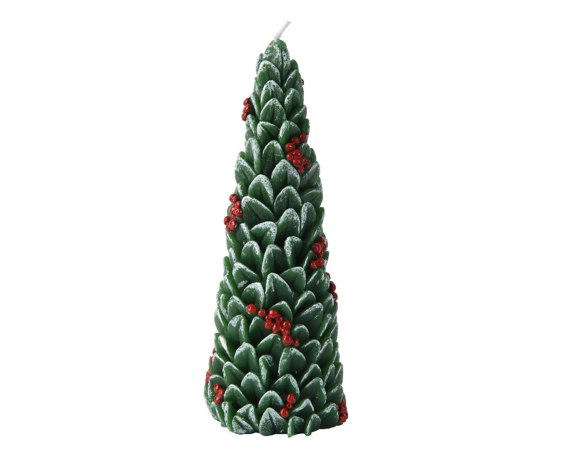 Green Wax Christmas Tree with Red Berries Gift Wrapped Candle