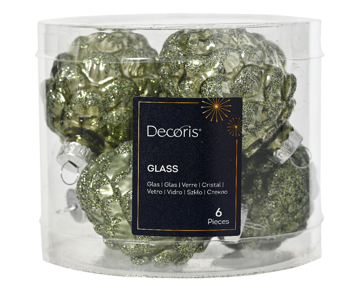 Rosemary Green Glass Pine Cone Baubles with Matte & Shiny Finish - Box of 6