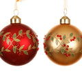 Glass Red/Gold Matte Bauble with Glitter Beaded Holly