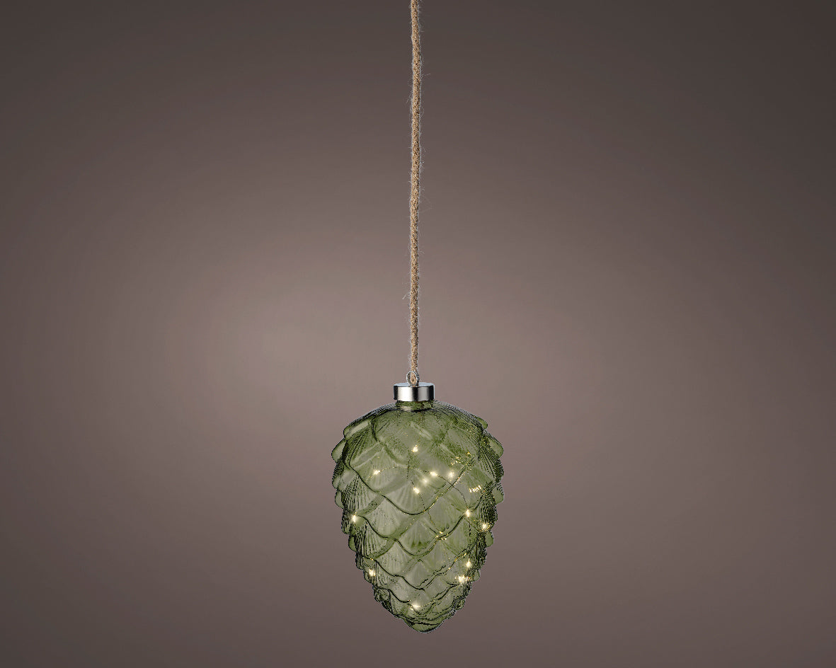 Battery Operated Micro LED Warm White Glass Green Acorn with Rope Hanger  - 15x21cm