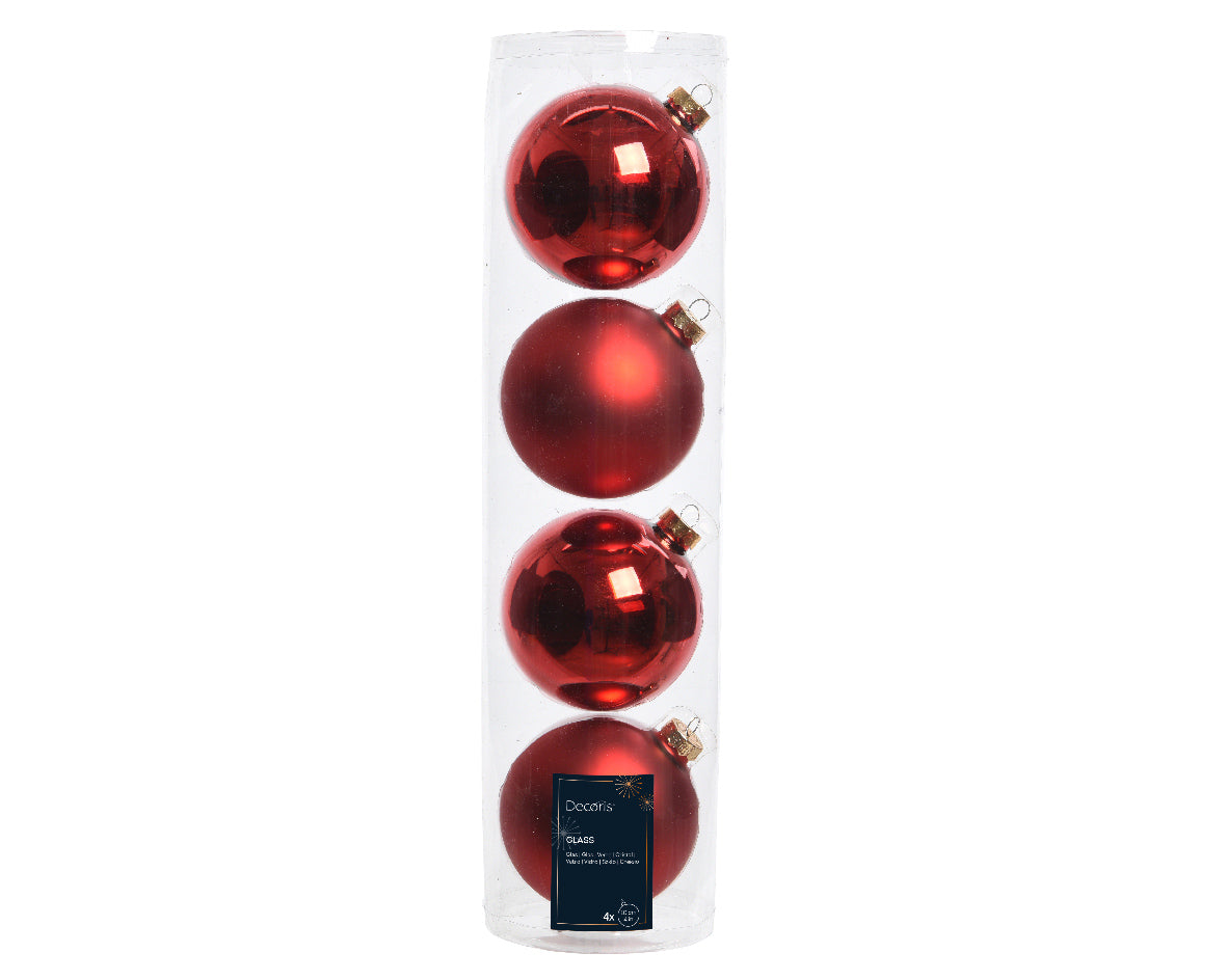 Large Christmas Red Glass Baubles Shiny & Matte 10cm - Box of 4