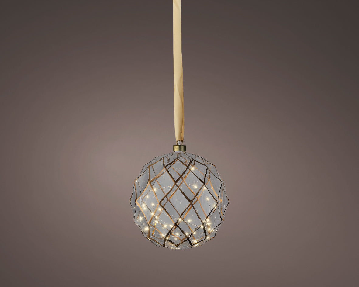 Micro LED Warm White Glass Bauble with Gold Ribbon Hanger  - 20cm 40 LEDs