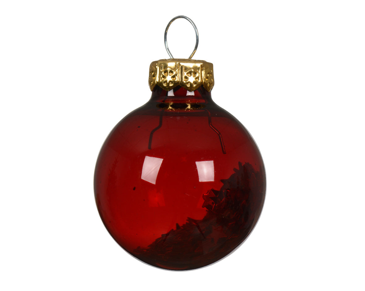 Oxblood Red Transparent Glass Baubles with Star Sequins - Box of 9