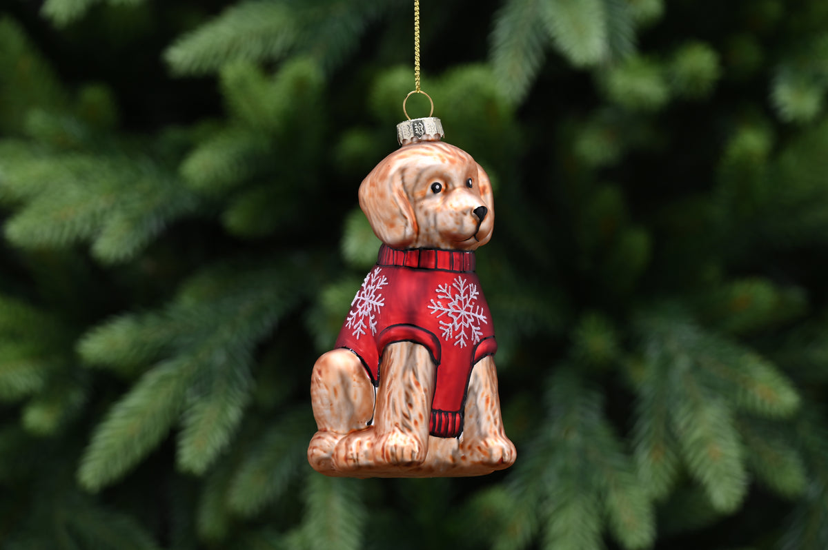 Hanging Golden Glass Dog In Christmas Jumper Christmas Bauble