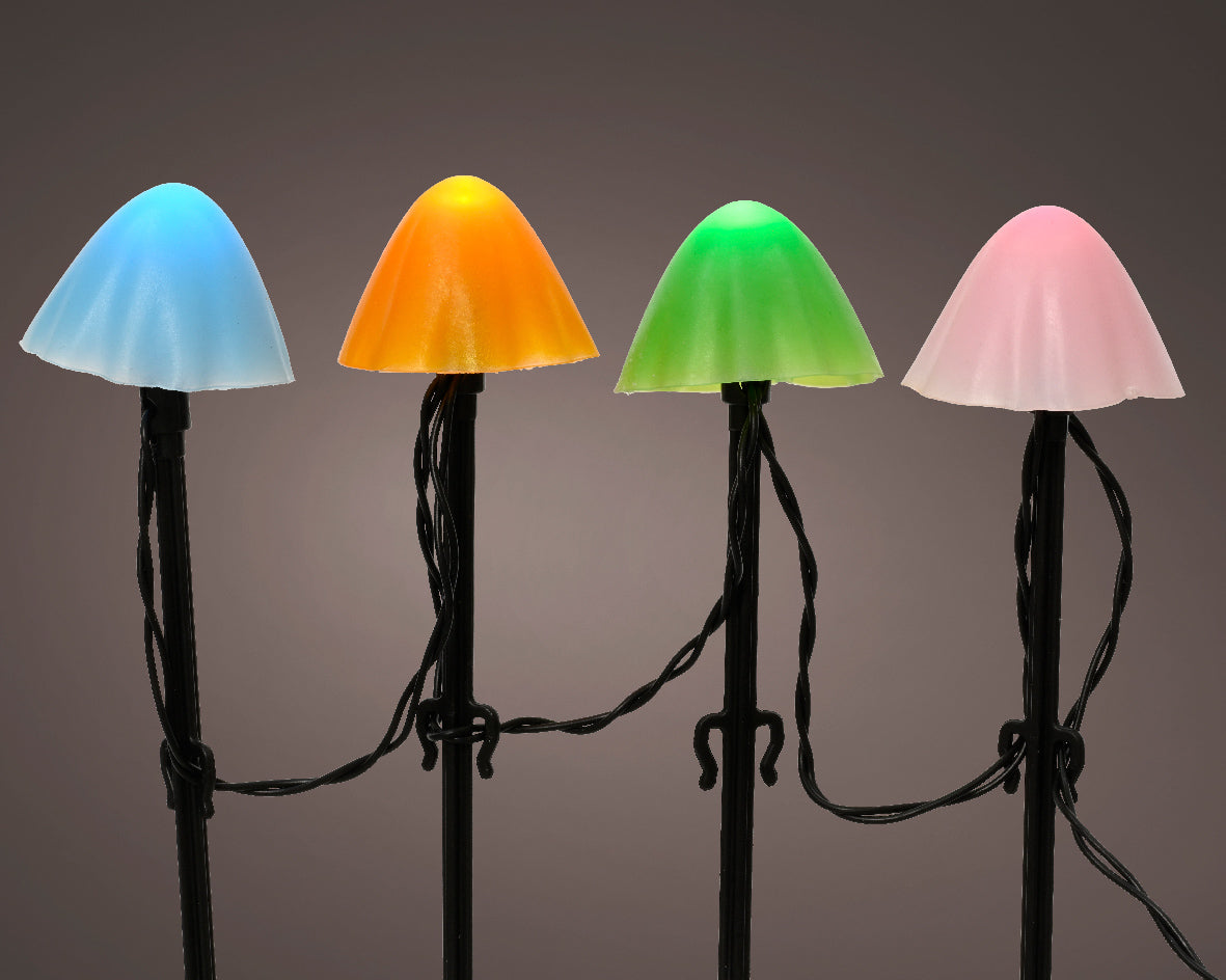 Set of 20 Battery Operated Multicoloured LED Mushroom Stake Lights - Outdoor