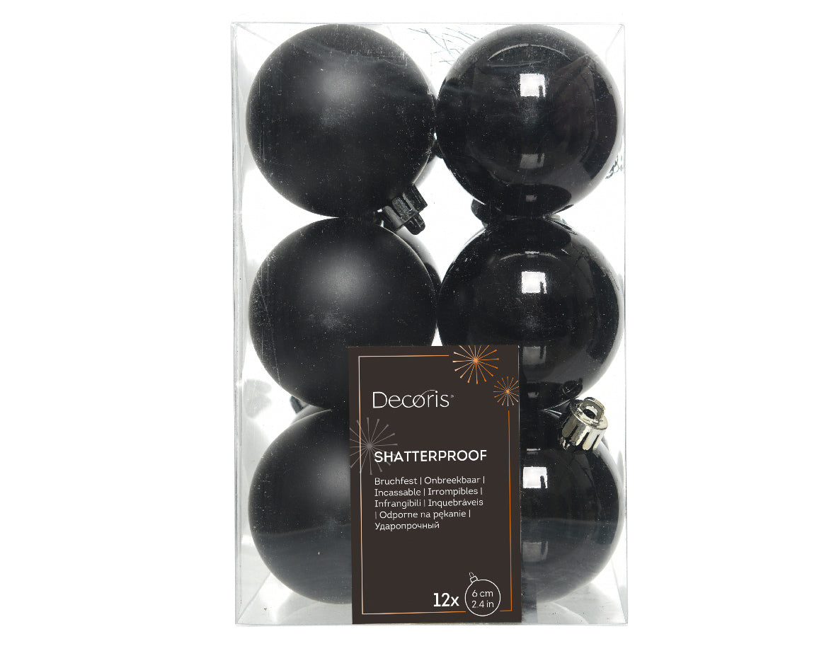 Black Shatterproof Shiny & Matt Christmas Baubles Set - 6cm - Box of 12