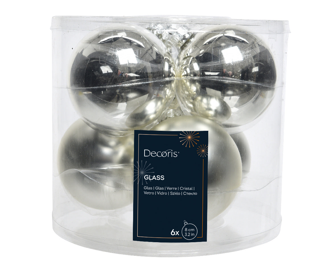 Silver Shiny & Matt Glass Baubles 8cm - Tube of 6