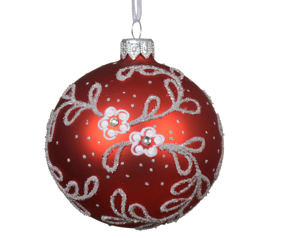 Christmas Red Glass Matt Bauble with Flower Branch Pattern - 8cm