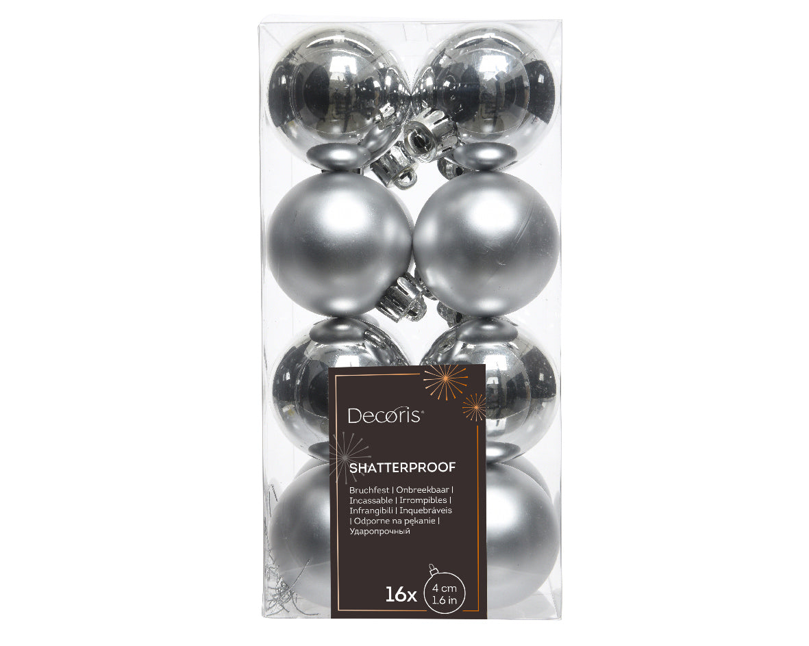 Silver Shatterproof Baubles - Box of 16 - 4cm