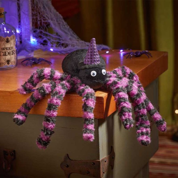 X-Large Inlit FurryPhobia Light Up Spider with Purple Striped Legs & Witches Hat Halloween Decoration