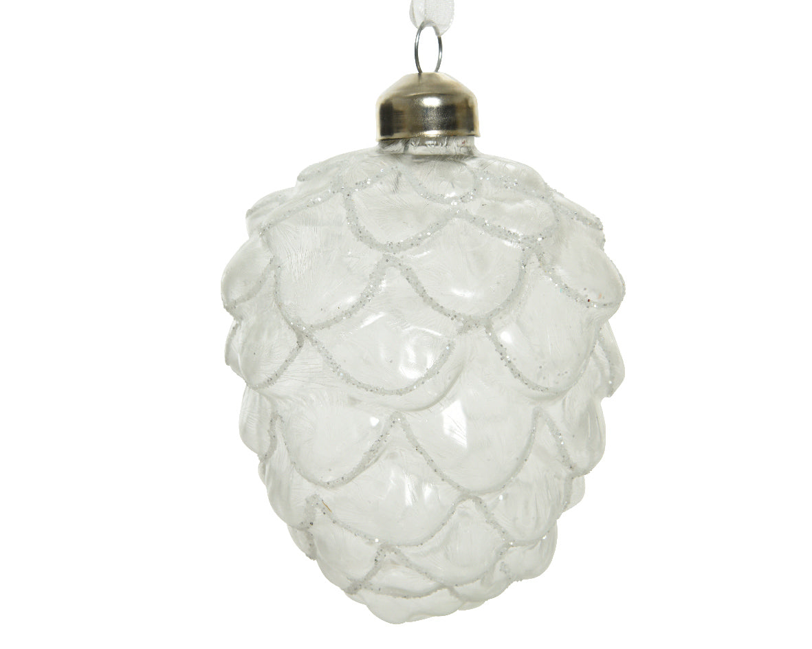 White Pinecone Glass Frosted Glitter Bauble
