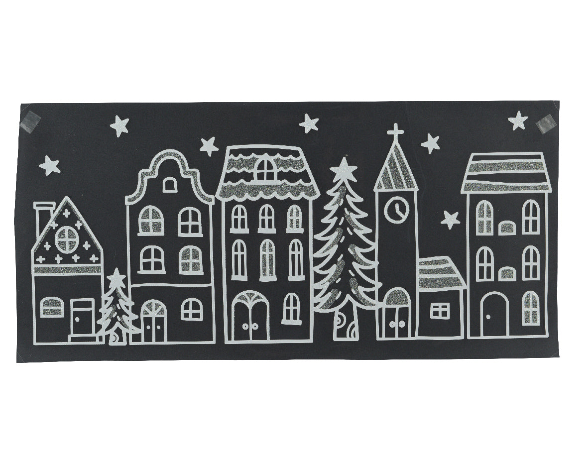 White Glitter Christmas Village Window Sticker