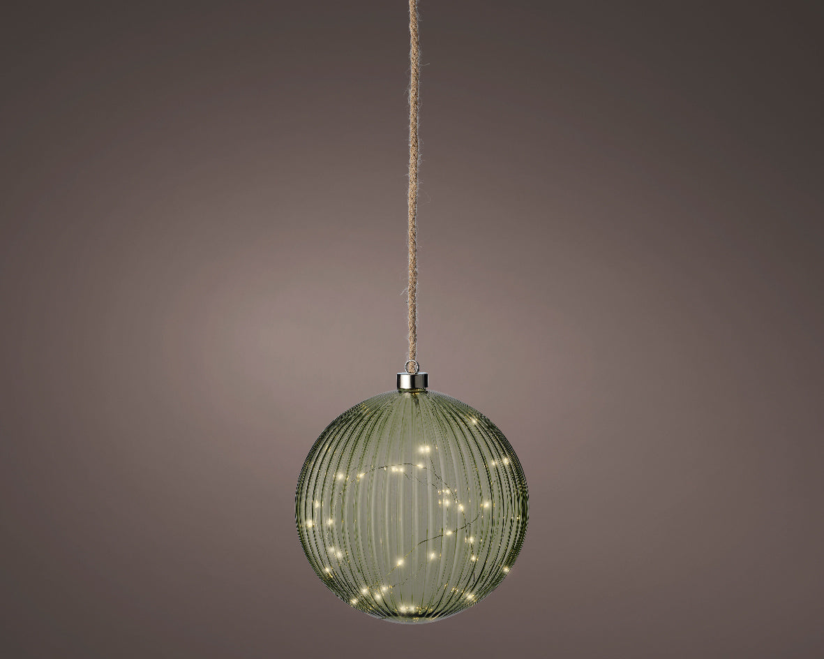 Battery Operated Micro LED Warm White Glass Round Green Ball with Rope Hanger  - 20cm