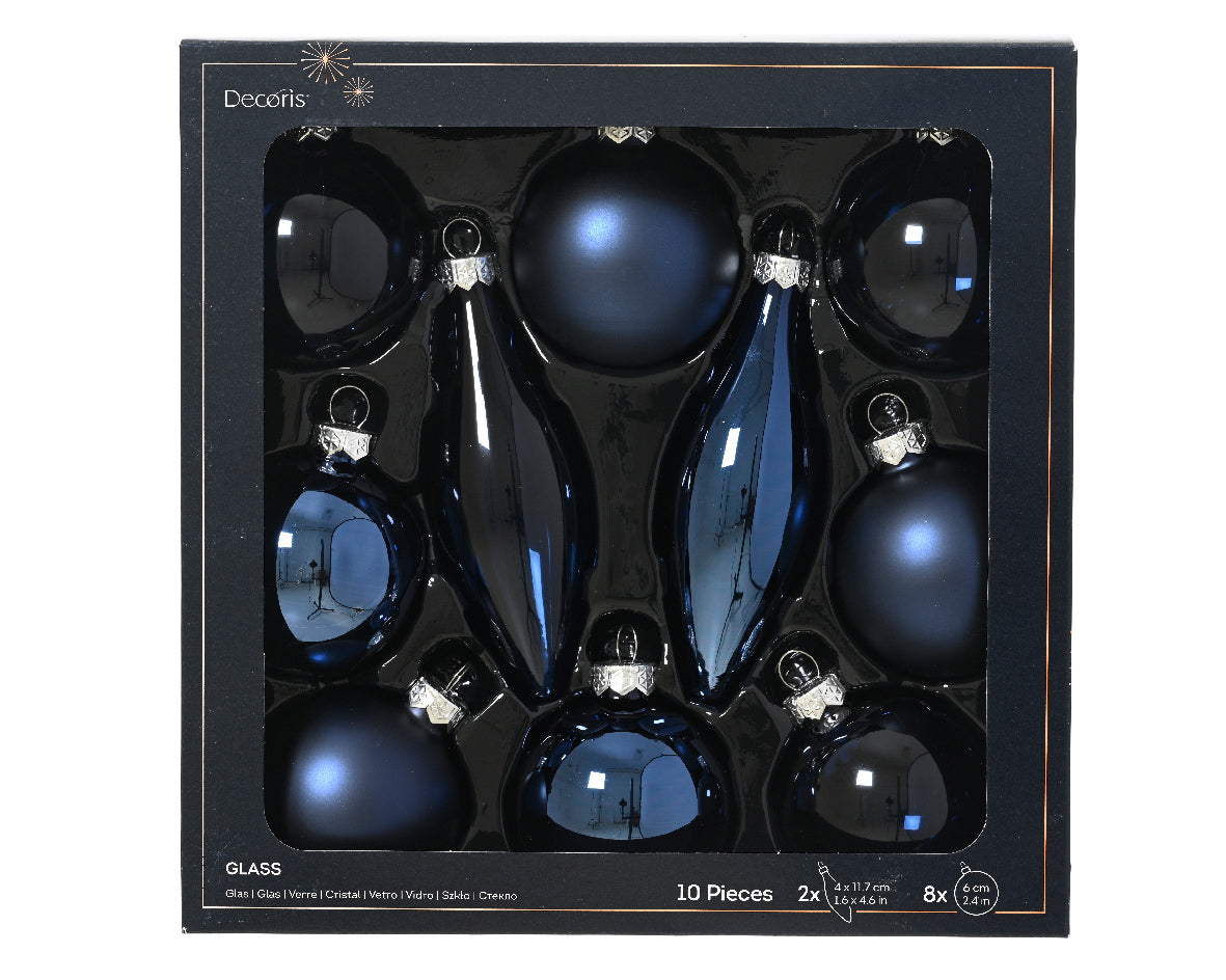 Night Blue Assorted Shaped Glass Baubles - Box of 10