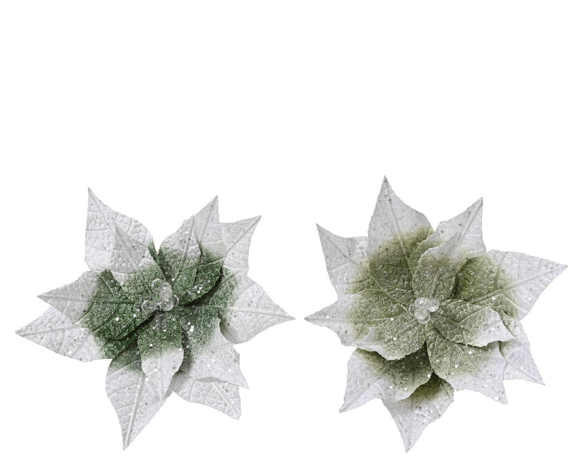 Green and White Poinsettia on Clip with Glitter Detailing