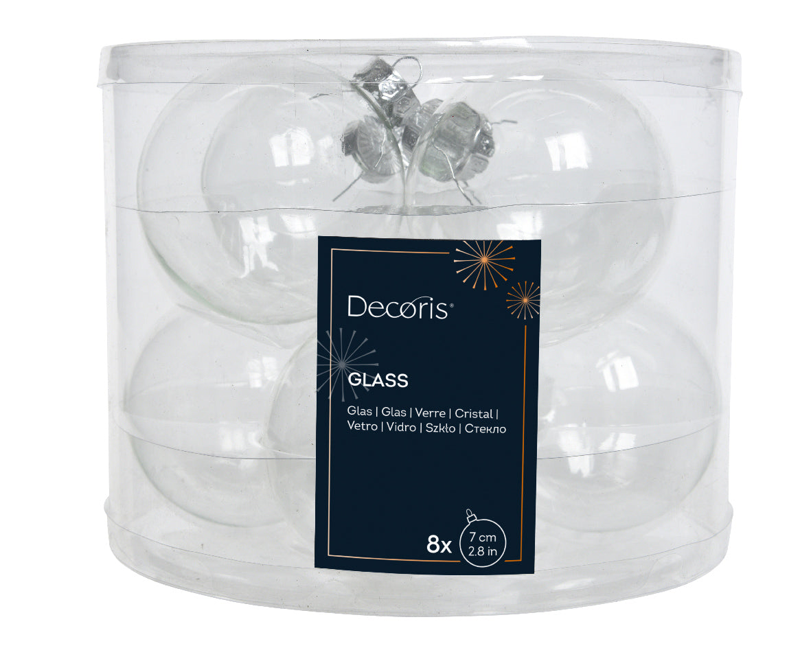 Box of 8 Transparent Clear Glass Iridescent Baubles - 7cm