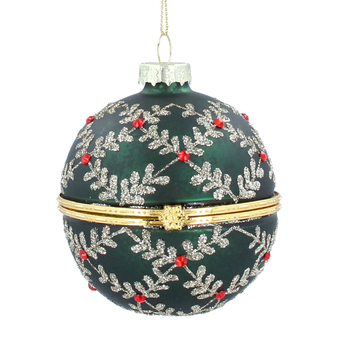 Gisela Graham - Dark Green Glitter Leaf Trellis Glass Opening Container Bauble - 8cm