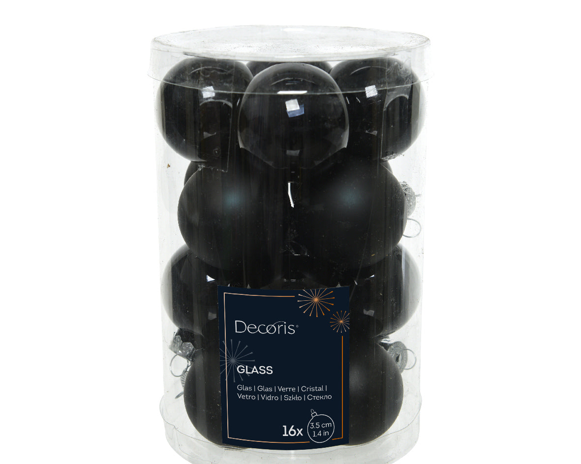 Black 3.5cm Glass Baubles in Matt & Shiny Finish - Tube of 16