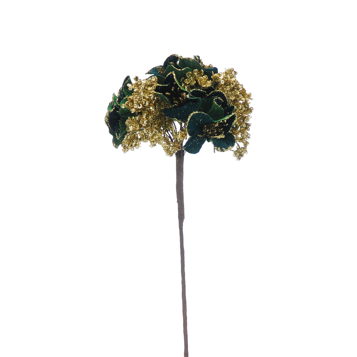 Festive Green & Gold Glitter Flower Hydrangea Stem - 40cm
