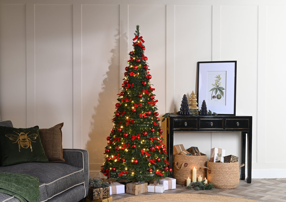 Warm White LED Prelit Green and Red Bow Pop Up Christmas Tree - 180cm