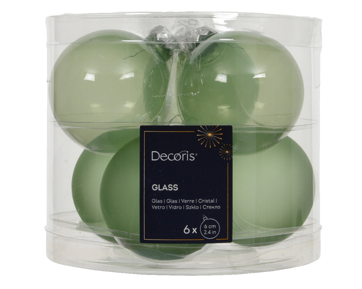 Matcha Green Glass Transparent Shiny and Matte Baubles 6cm - Box of 6