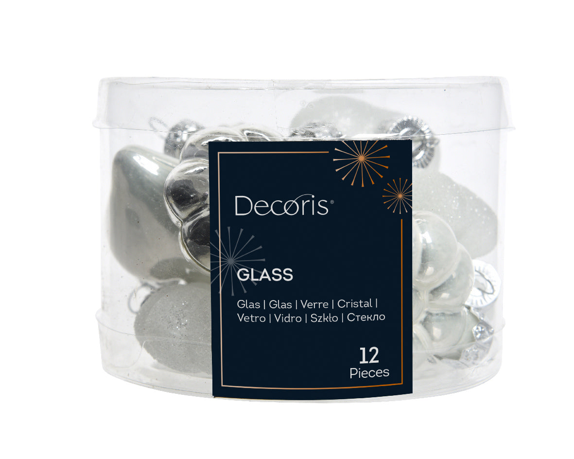 White & Silver Assorted Baubles in Glass, Shiny, Enamel & Glitter Mix 4cm - Tube of 12