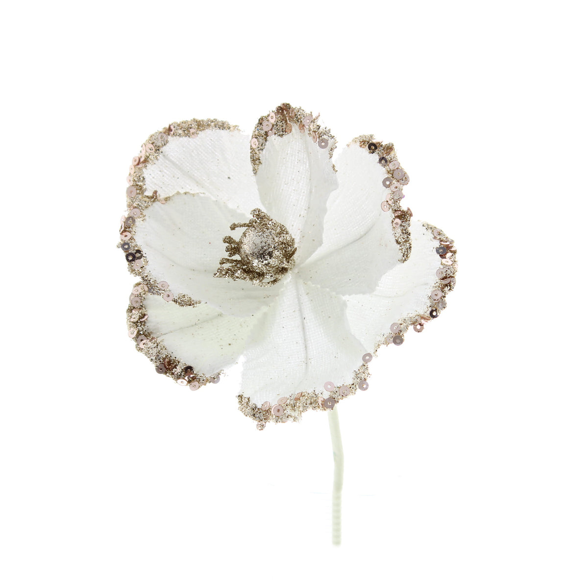 White Magnolia Flower with Gold Glitter Pick - 12cm