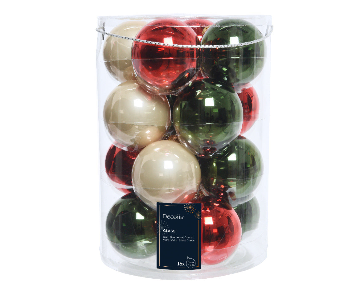 Traditional Glass Green, Red & Pearl Bauble Mix with Shiny Finish 8cm - Tube of 16