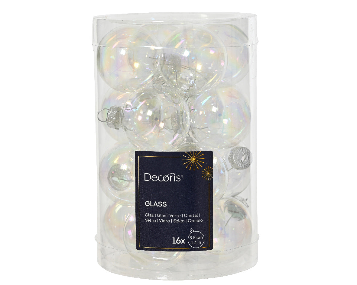 Set of 16 Matt and Shiny Transparent Iridescent Glass Baubles - 3.5cm