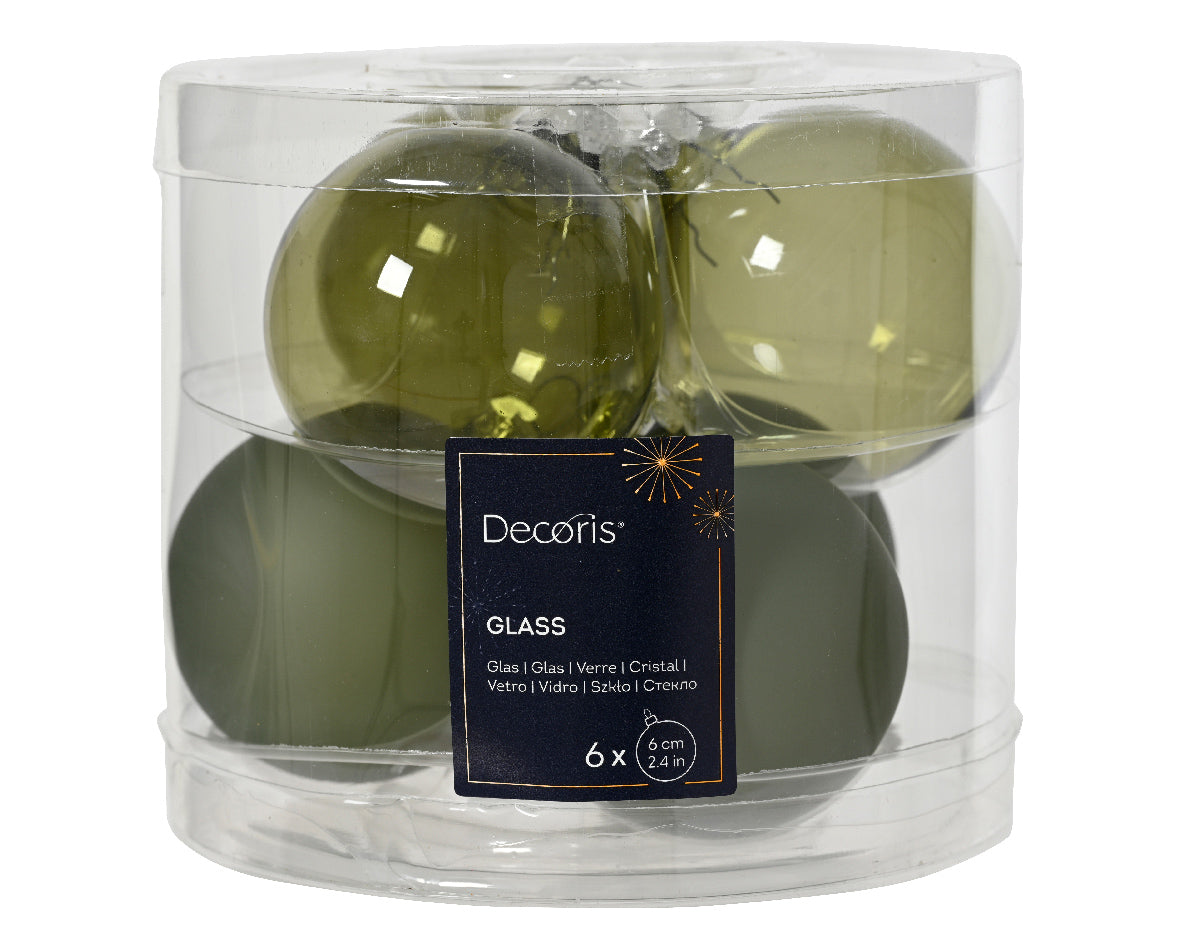 Rosemary Green Transparent Glass Shiny and Matte Baubles 6cm - Box of 6