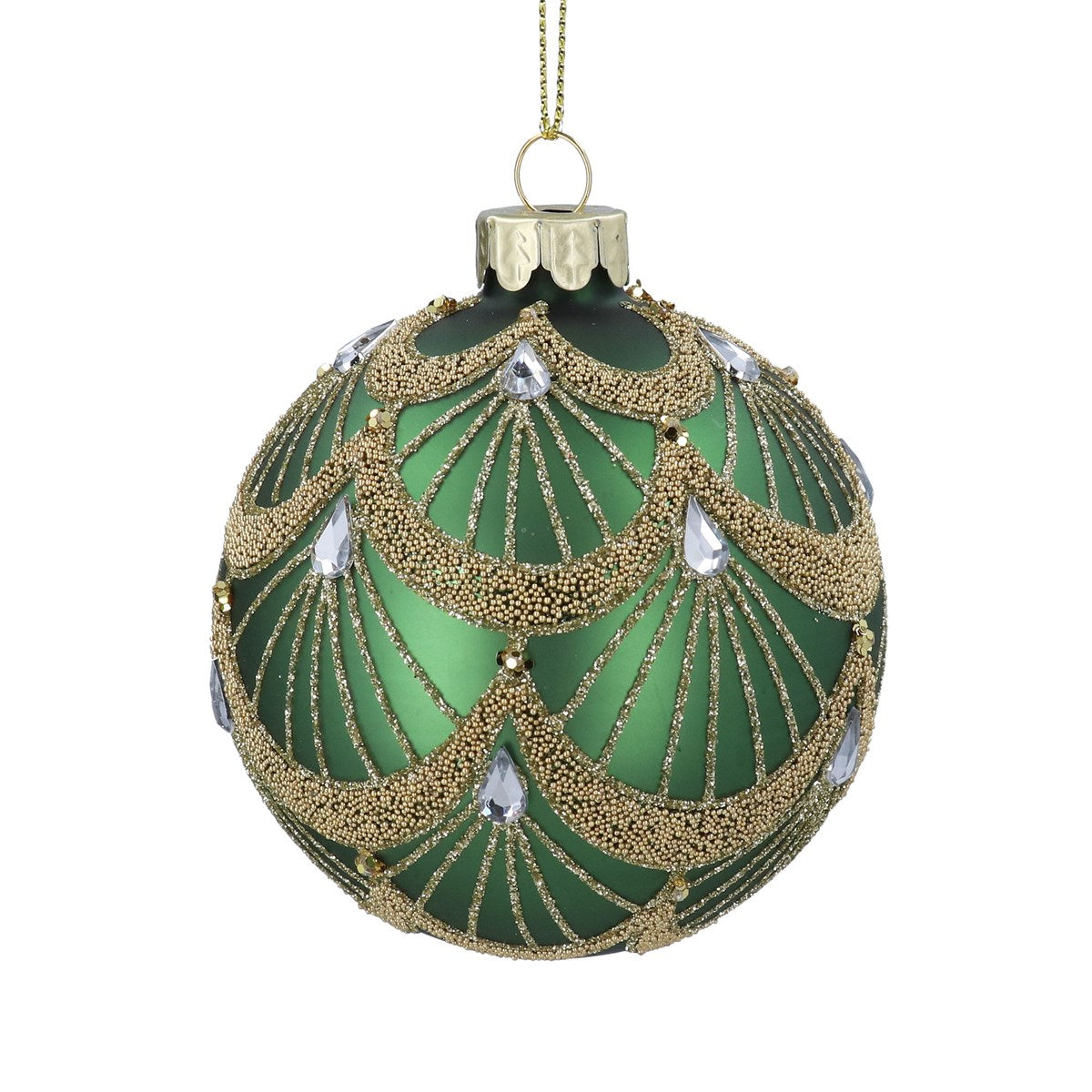 Gisela Graham - Green Gold Swags & Jewels Glass Ball Bauble - 8cm