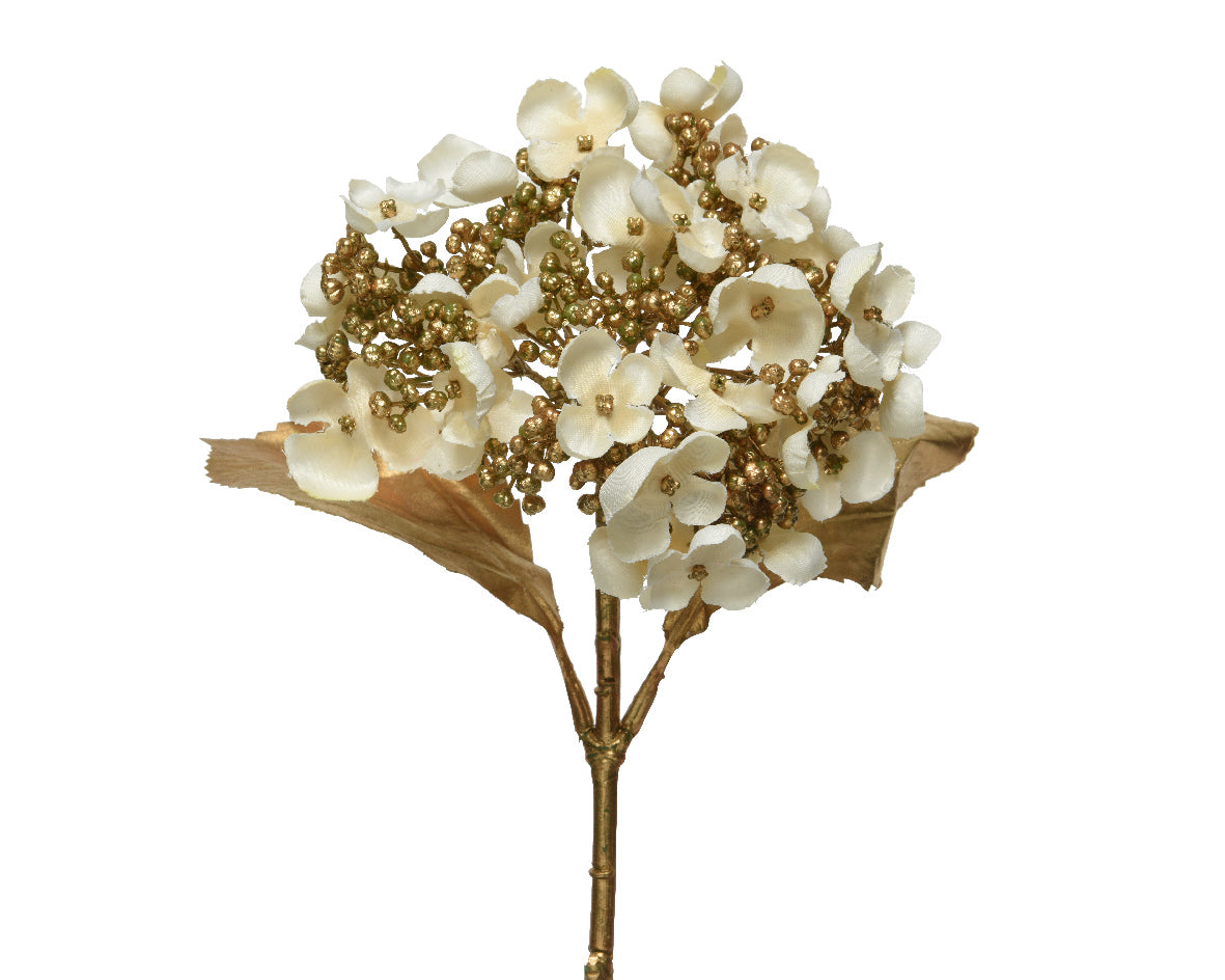 Artificial Gold & Cream Hydrangea on Stem with Leaves - 67cm