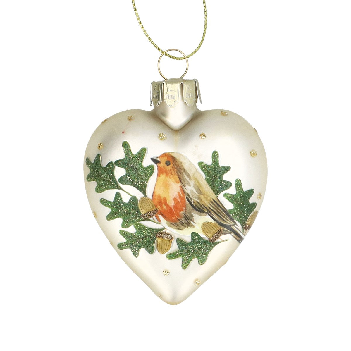 Gisela Graham - Pale Gold Robin in Oak Glass Heart Bauble - 7cm