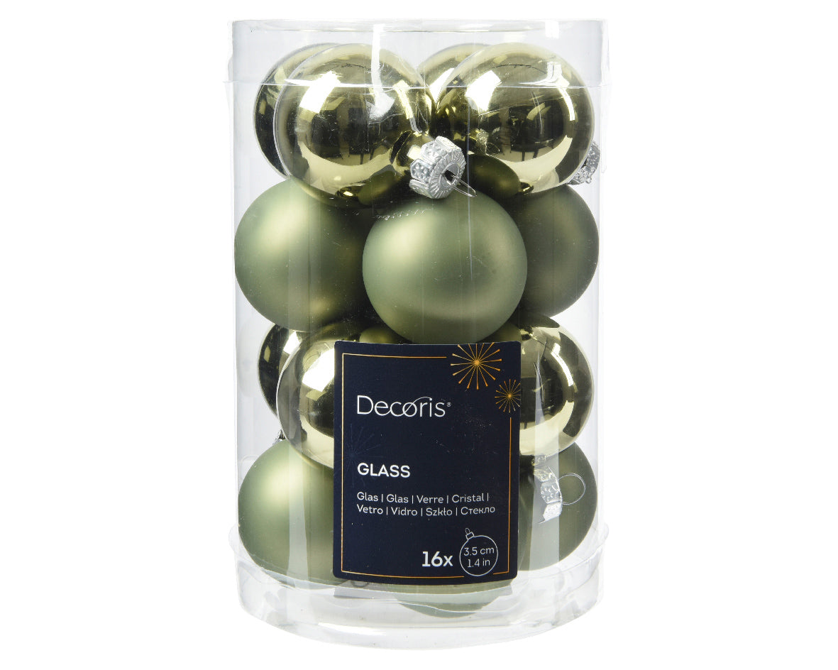 Set of 16 Matt and Shiny Rosemary Green Glass Baubles - 3.5cm