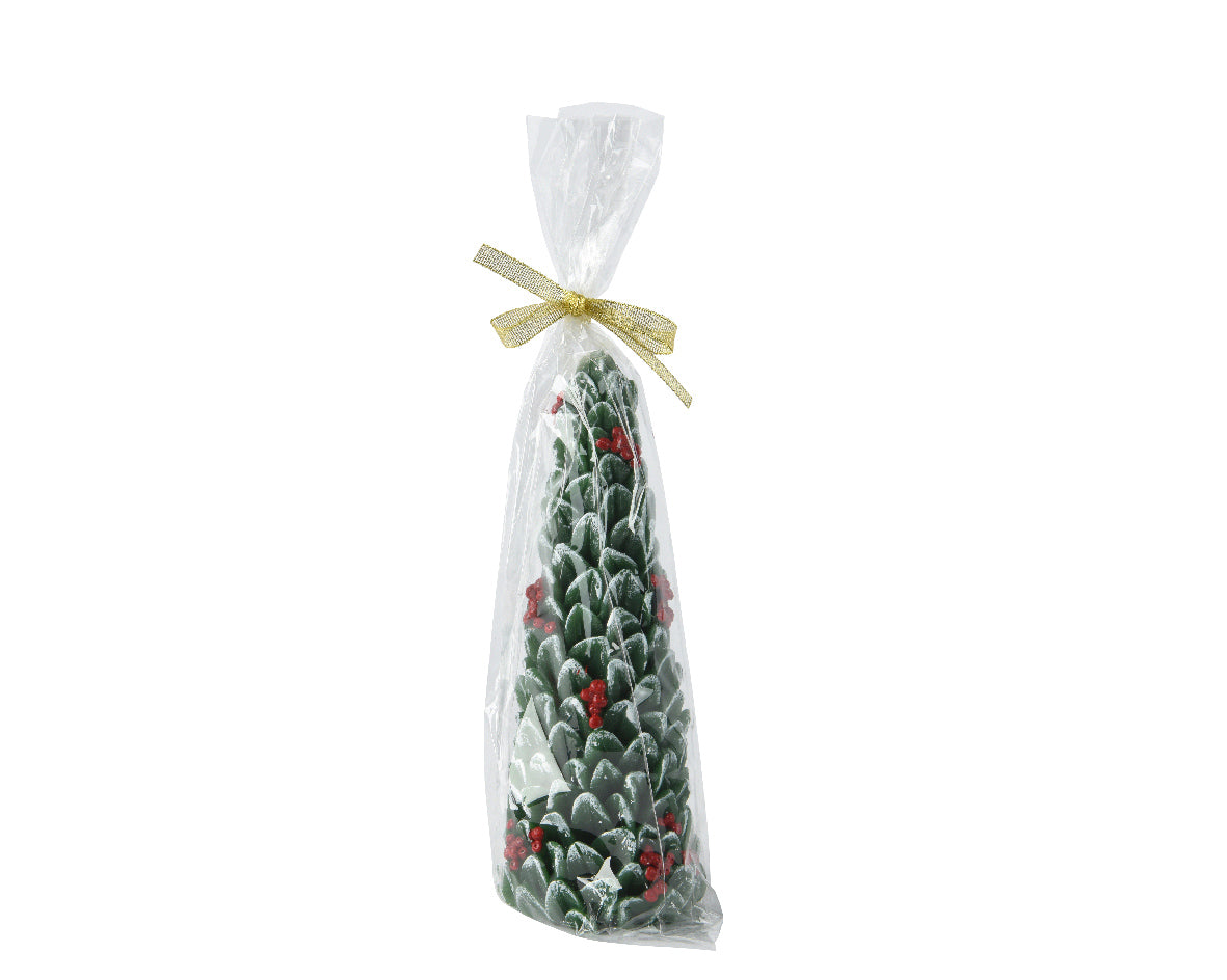 Green Wax Christmas Tree with Red Berries Gift Wrapped Candle